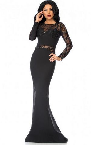 W25044  2016 New Arrival Sexy Long Sleeve Lace Black Maxi Dress